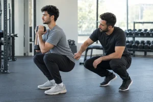 مربی در حال اصلاح فرم اسکات گابلت برای یک تازه‌کار بدنسازی